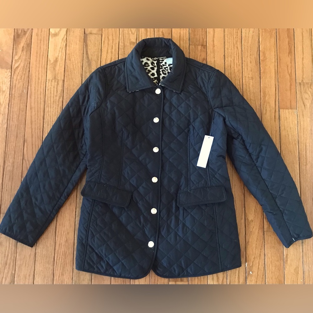 New Chicos Black Quilted Jacket Leopard Print Lining Silver Snaps Size 1